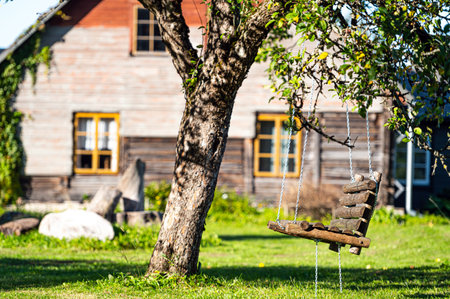 Garden old wooden swing in the backyard of a rural house.の写真素材