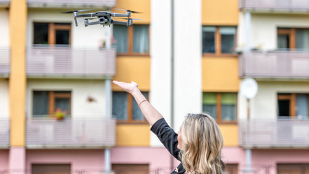 drone takes off from hands of young blonde woman, modern technology concept, focus on the drone
