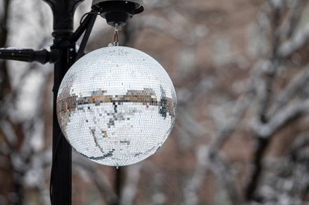 streets decorated with mirror balls or disco balls for a Christmas event, close-upの写真素材