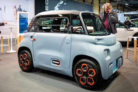 Riga, Latvia, April 29, 2022: Citroen Ami electric small ev car fun cube on wheels premiere at a motor  show, 2022 modelのeditorial素材