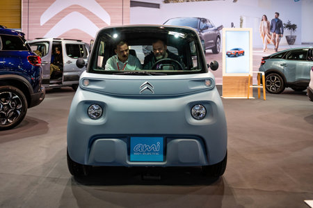 Riga, Latvia, April 29, 2022: Citroen Ami electric small ev car fun cube on wheels premiere at a motor  show, 2022 modelのeditorial素材