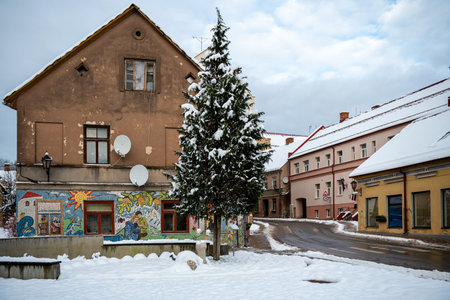 Kandava, Latvia - november 19, 2022: city buildings and streets on a snowy winter dayのeditorial素材