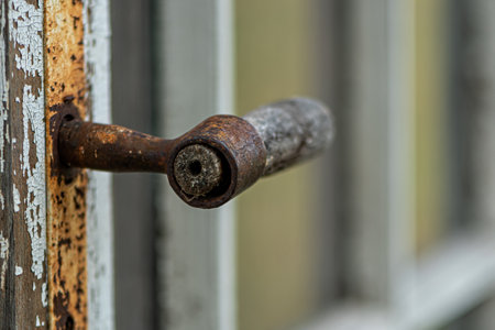 old green wooden entrance door with antique door handleの写真素材