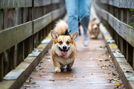 A smiling Welsh corgi dog runs over a bridge with its owner on a rainy autumn dayの写真素材