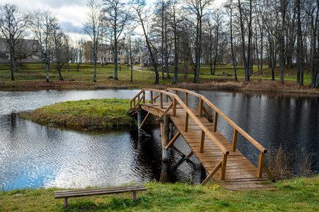 A wooden bridge from the shore to a small island in the lake in the manor park, Garsene, Latviaの写真素材