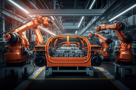 automated vehicles factory, where robots are used to assemble cars with precision, Generative AIの素材