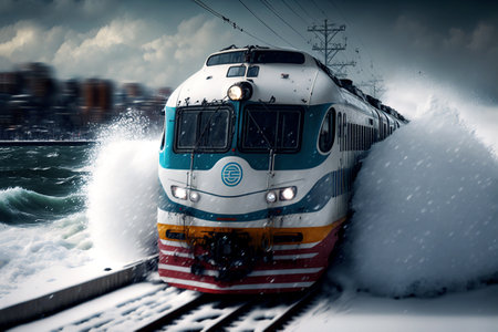 snowplow train with turbines that hurtles through the snowdrifts on the railway, Generative AIの素材