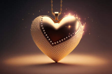 pendant with a diamond in the form of a golden sparkling heart on a light background, Generative AIの素材