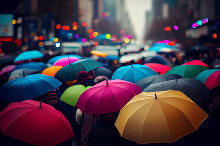 realistic ilustration, crowd of peples with umbrellas in rainy day, generative aiの写真素材