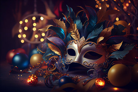 Masquerade mask, ornaments, fir branches, baubbles, Ribbons and golden decorations, generative aiの写真素材