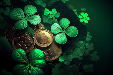St. Patrick's Day abstract green background with gold coins and clover leaves. Generative aiの写真素材