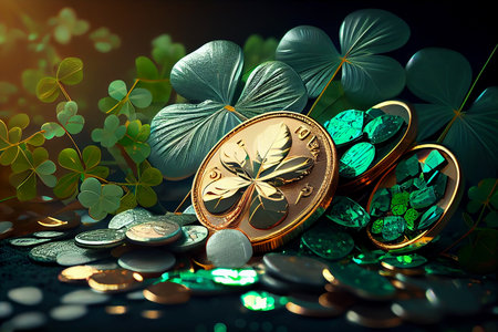 Saint Patrick Day abstract green background with diamonds, gold and clover leaves. Generative aiの写真素材