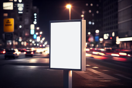 realistic ilustration, light advertising box mockup and city traffic at night, generative AIの素材
