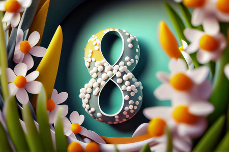 Colorful background of meadow flowers and number 8 in the middle, March 8 concept, generative aiの写真素材