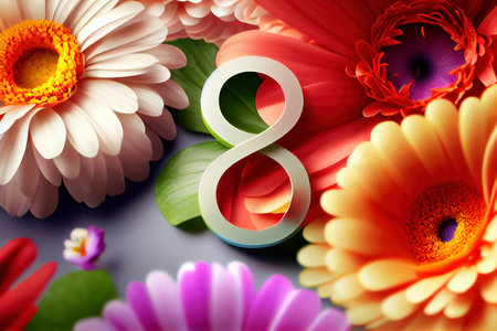 Colorful floral background with gerbera, daisy  and number 8, 8 mart concept, generative ai