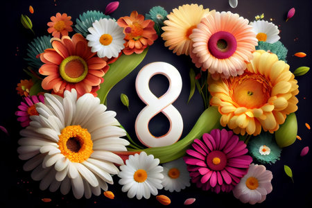 Colorful floral background with gerbera, daisy  and number 8, 8 mart concept, generative ai