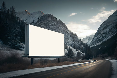Realistic ilustration. Empty white billboard on the side of a mountain road in winter. Generative aiの素材