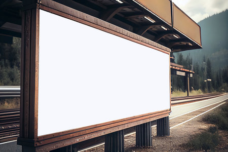 Realistic ilustration. Empty white billboard at mountain railroad station. Generative aiの写真素材