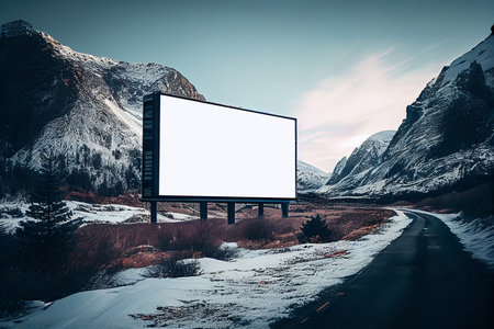 Realistic ilustration. Empty white billboard on the side of a mountain road in winter. Generative aiの素材