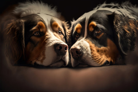 Two romantic dogs lying down facing each other with their noses together, Generative AIの素材