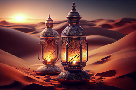 realistic ilustration, Ramadan lanterns in desert background at sunset, generative aiの写真素材