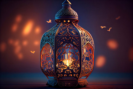 Ornamental Arabic lantern with burning candle glowing at night. Muslim holy month Ramadan Kareem. Generative aiの写真素材