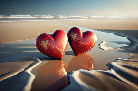Two red hearts on the beach, realistic ilustration, generative aiの写真素材