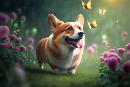 a welsh corgi walks in the garden and catches butterflies, realistic ilustration, Generative AIの素材