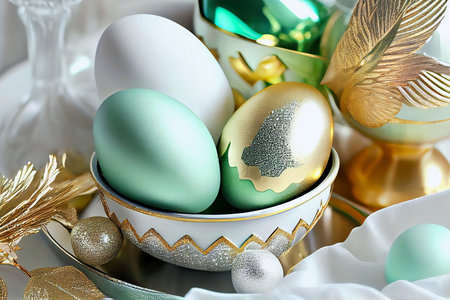 Luxurious Easter background in white, green, golden and yellow tones, soft light, generative ai