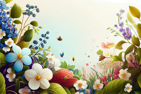 Floral spring background with copy space, watercolor style, generative aiの素材
