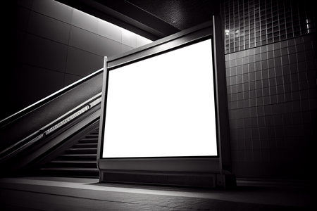 ilustration, White billboard mockup near to escalator in an mall, shopping center, Generative AIの素材