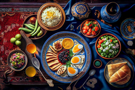 Realistic ilustration. Closeup of variety of food during Iftar meal on Ramadan. Generative aiの素材