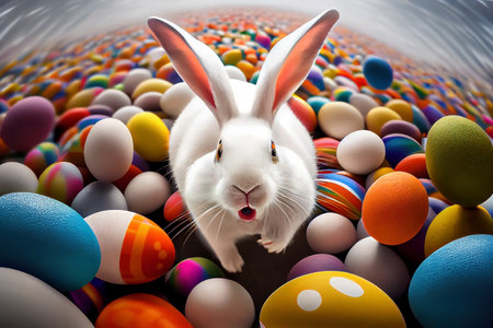Happy White easter bunny running through a lot of colorful ornamental eggs, generative aiの素材