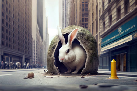 Easterbunny hiding eggs in city, generative aiの素材