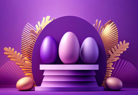 Easter eggs on a 3D platform for product display in purple, white and gold tones, generative aiの素材