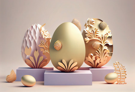 Easter eggs decorated with gold textures on podiums, beige background, generative aiの素材