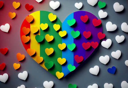 3d illustration of many hearts falling on gay pride flag background, generative aiの素材
