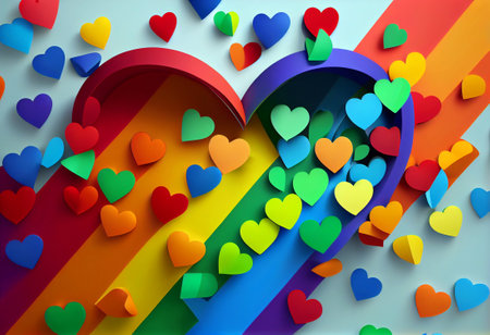 3d illustration of many hearts falling on gay pride flag background, generative aiの素材