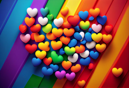 3d illustration of many hearts falling on gay pride flag background, generative aiの素材