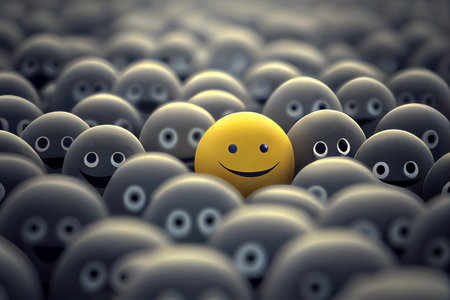 Emoji smile in the middle of grey crowd, generative aiの素材