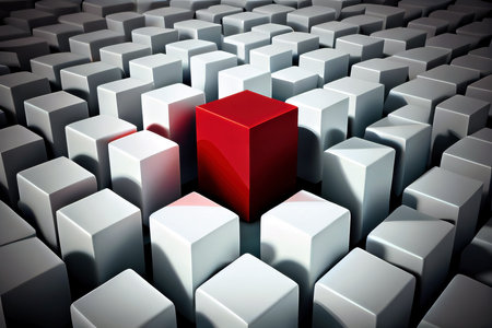 One red 3d cube among many white ones, concept of diversity and individuality, generative aiの素材