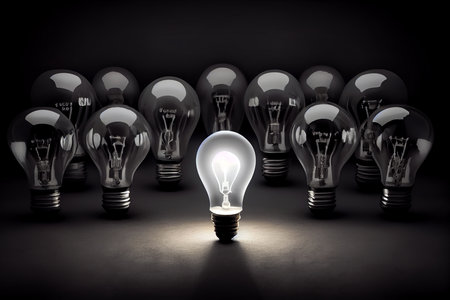 One glowing light bulb standing out from the unlit incandescent bulbs, generative aiの素材