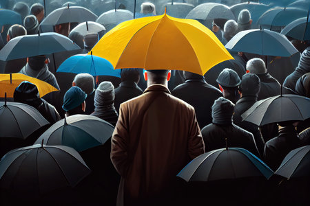 Yellow umbrella in a crowd of black one, individuality concept, generative aiの素材