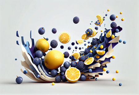3d illustration of many bluberries and lemons falling on white background, generative aiの素材