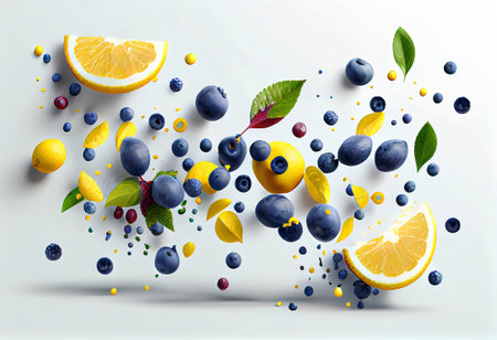 3d illustration of many bluberries and lemons falling on white background, generative aiの素材