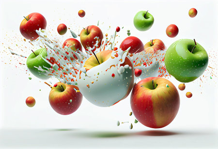 3d illustration of many apples falling on white background, generative aiの素材