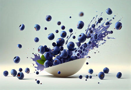 3d illustration of many bluberries falling on white background, generative aiの素材