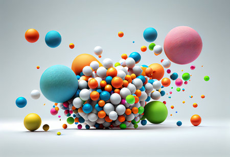 3d illustration of many colorful balls falling on white background, generative aiの素材
