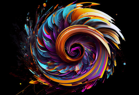 Dynamic, swirling, multicolored brush stroke on black bakground, generative aiの素材