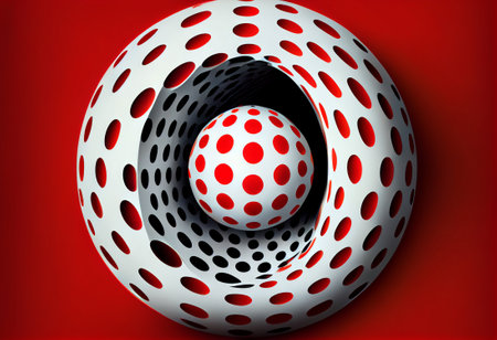 Visual illusion. A ball is moving on rotating mottled red white hole, generative aiの素材